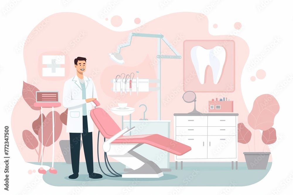 A dentist in a dental clinic with a big healthy tooth, cartoon flat illustration