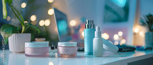 Illustration of blue light protection skincare, with digital devices blurred in the background