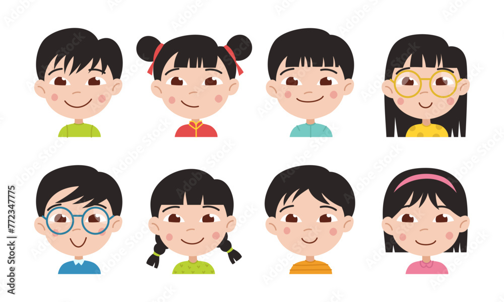 Avatars of Chinese children. Happy boy and girl. Head, portrait. Vector flat cartoon illustration isolated Avatars of Chinese children. Happy boy and girl. Head, portrait. Vector flat cartoon illustration isolated