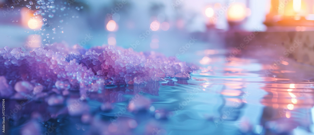 Magnesium-rich bath salts dissolving in water, with a spa ambiance blurred