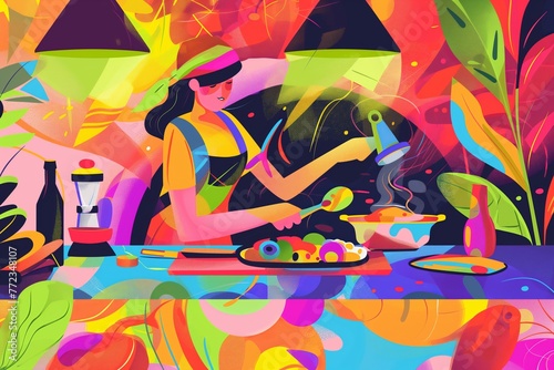 Woman food blogger cooking at the kitchen  funky artsy colorful vibrant stylish cartoon illustration