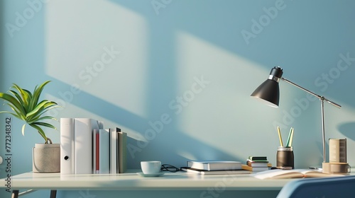 A modern office desk set against a pale blue wall  neatly arranged with books and supplies  and ample copy space for text or product display. copy space for text.