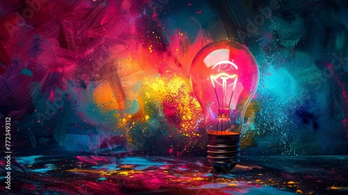 A light bulb is lit up in a colorful background. The light bulb is surrounded by a lot of paint splatters, giving the impression of a creative and energetic atmosphere