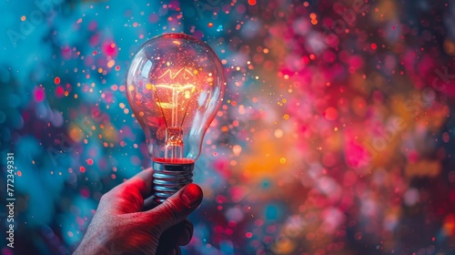 A person is holding a light bulb in their hand. The light bulb is glowing brightly, illuminating the surrounding area. Concept of energy and brightness