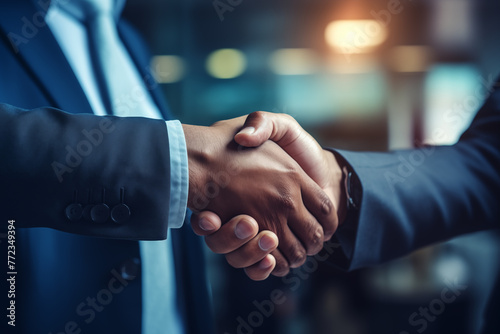 A powerful business agreement moment, hands clasped in a firm handshake, suits in shades of blue, with a blurred background emphasizing the connection and copyspace