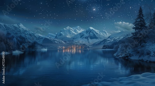 A beautiful night sky with a mountain range in the background. The water is calm and the stars are shining brightly