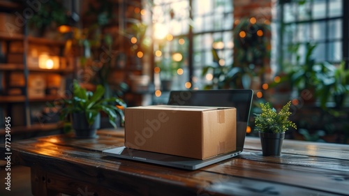 Package delivery. Online shopping. Black Friday sale. Cardboard parcel box of product delivered to customer. Online selling, e-commerce, discount. photo