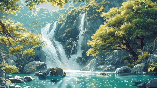 A beautiful waterfall surrounded by trees and rocks. The water is calm and clear, and the trees are lush and green. The scene is peaceful and serene, and it evokes a sense of tranquility