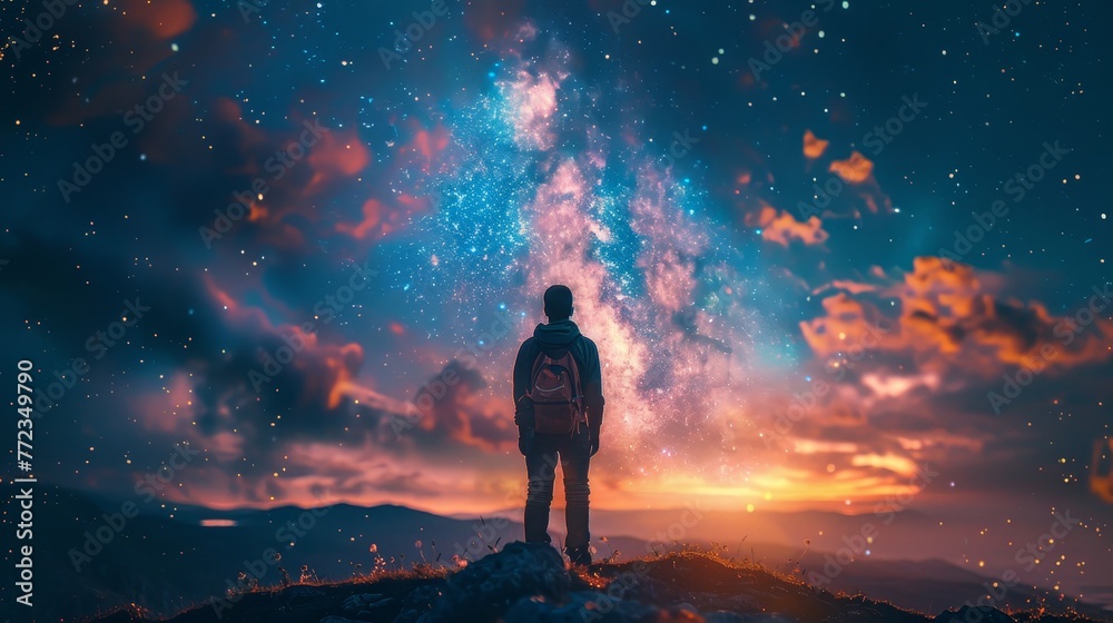 A man stands on a mountain top, looking out at the stars. The sky is filled with stars and the man is wearing a backpack. The scene is peaceful and serene, with the man feeling a sense of wonder
