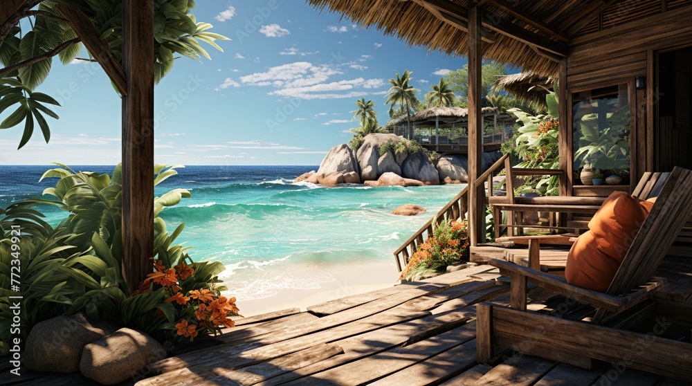 A hidden wooden beach cottage surrounded by lush tropical plants with a direct view of the serene turquoise ocean and rocky coastline. Generative AI. - obrazy, fototapety, plakaty 