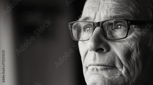 Man with glasses caught in a moment of daze stands as the epitome of gentle wonder photo