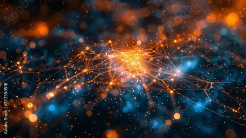 A computer generated image of a starry sky with orange and blue lights. The image is full of bright  glowing dots that create a sense of movement and energy. Scene is one of excitement and wonder