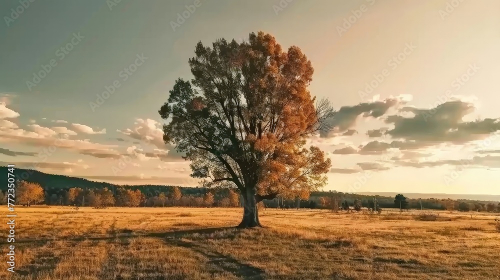 Majestic Solitary Tree in Vast Open Field Majestic Solitary Tree in Vast Open Field