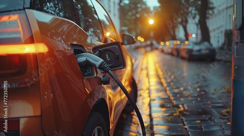 Electric vehicle charging on roadside, tires on asphalt © Katsiaryna