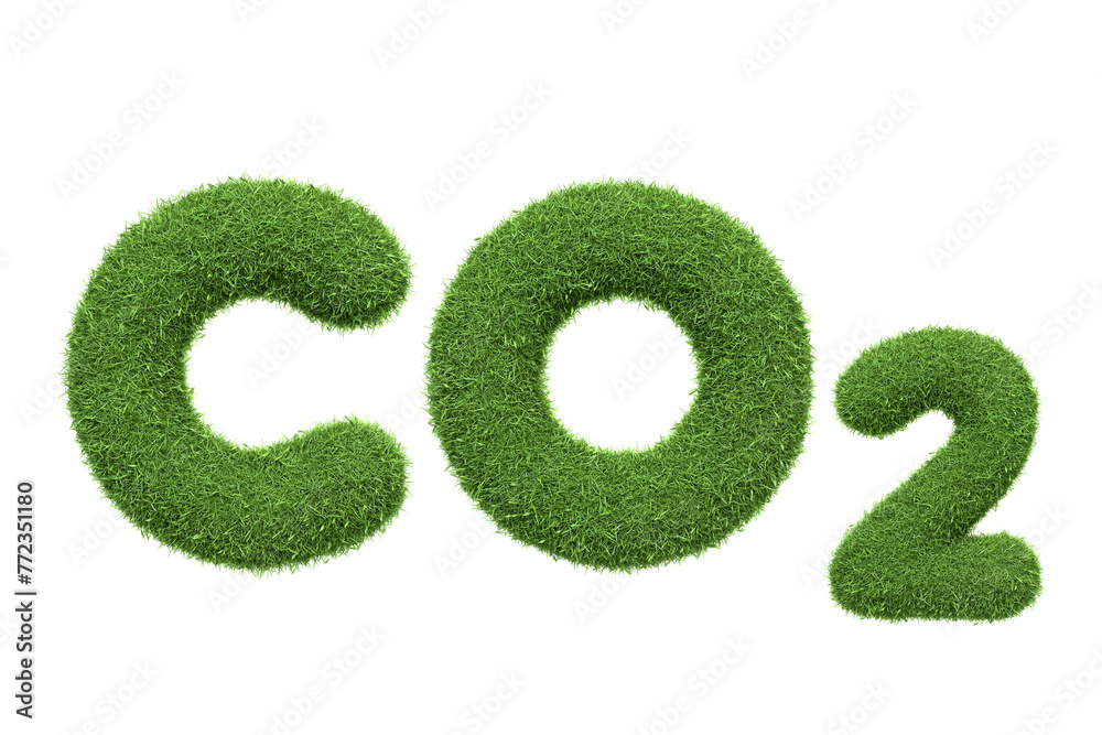 The chemical symbol CO2 depicted with a green grass texture, highlighting the concept of reducing carbon footprint in an eco-friendly way, isolated on white. 3D Render illustration The chemical symbol CO2 depicted with a green grass texture, highlighting the concept of reducing carbon footprint in an eco-friendly way, isolated on white. 3D Render illustration