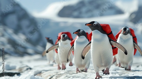 Penguins wearing jetpacks racing through Antarctic skies in a grand tournament