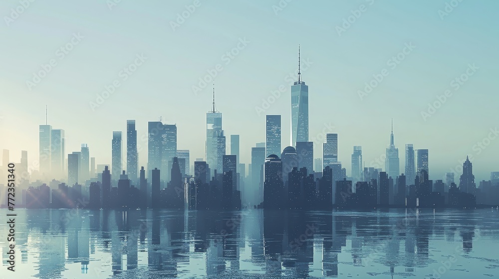 A city skyline is reflected in the water. The sky is blue and the water is calm. The city is lit up at night, creating a peaceful and serene atmosphere