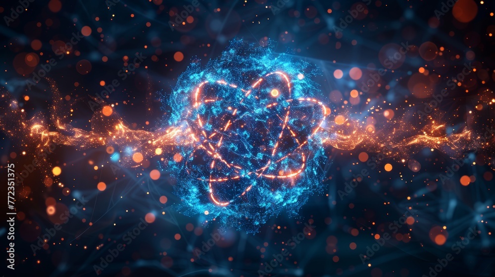 Atom cosmic icon or symbol. Nuclear science concept on blue technology background. Atom or molecule with light orbits and bright sparkles. Illustration in digital format.