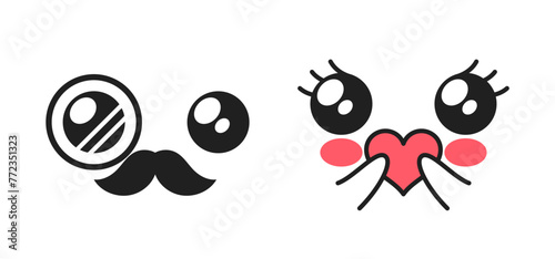 Kawaii Gentleman And Girl Face Emojis. Adorable Faces with Wide, Sparkling Eyes, Sweet Smiles, And Blushing Cheeks