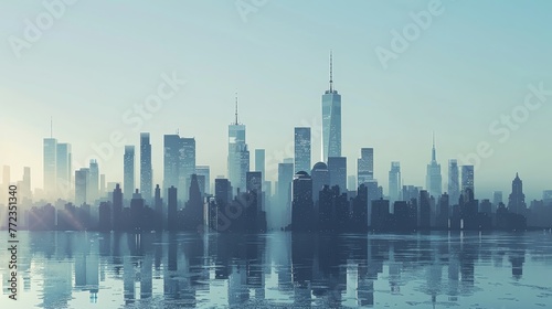 A city skyline is reflected in the water. The sky is blue and the water is calm. The city is lit up at night  creating a peaceful and serene atmosphere