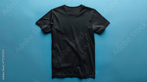 A black shirt is laying on a blue background. The shirt is unbuttoned and has a collar