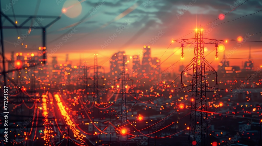 A cityscape with a lot of lights and a lot of wires. The lights are orange and the sky is blue