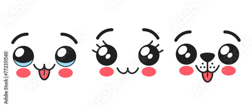 Kawaii Animal Face Emojis, Adorable And Expressive Cute Pets Like Cat Or Dog, Muzzles With Big Eyes, Sticking Tongues