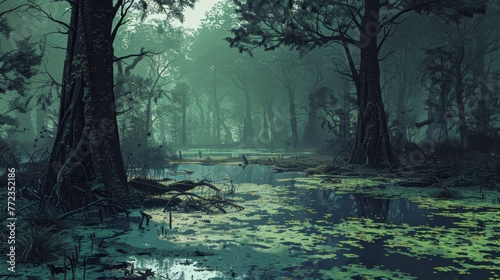 A forest with a river running through it. The trees are tall and the water is murky