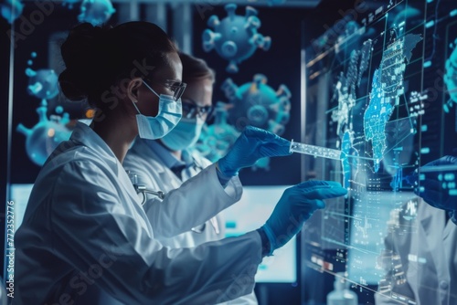 Two scientists in lab coats and protective masks examine DNA sequencing data on a modern, interactive digital screen in a high-tech laboratory.