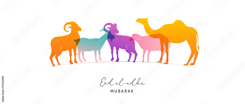 Eid Al Adha design. Celebration of Muslim holiday the sacrifice. Colorful background with Islamic Mosque and animals, camel, sheep and goat Eid Al Adha design. Celebration of Muslim holiday the sacrifice. Colorful background with Islamic Mosque and animals, camel, sheep and goat