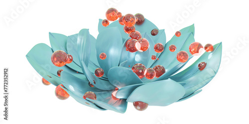 3D Render of Flower and Transparent Red Balls