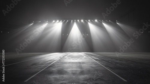Stadium standing still embraced by the solitary beams of spotlights on the field