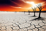 a sunset sky on the background with dead trees and dry lake