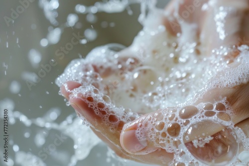 Detailed close-up of hands being washed with soapy water, highlighting hygiene and cleanliness with foamy textures and water droplets.