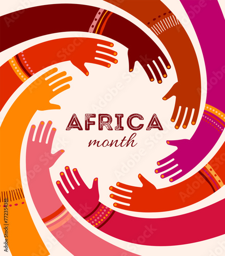 Colorful poster with circle of hands. Africa day, together, community concept design. Modern minimalist style illustration