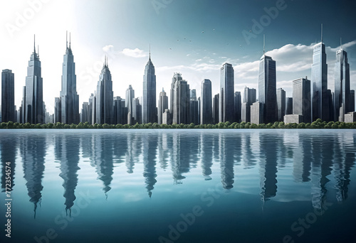 a city skyline with a reflection of a city in the water © David Angkawijaya