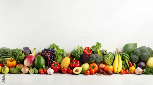 Wide collage of fresh fruits and vegetables for layout isolated on white background. Copy space  Generate AI