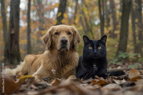 A golden retriever and a sleek black cat stand face-to-face, a testament to the surprising understanding that can blossom between unlikely companions