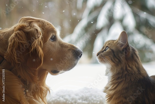 A golden retriever and a sleek black cat stand face-to-face, a testament to the surprising understanding that can blossom between unlikely companions