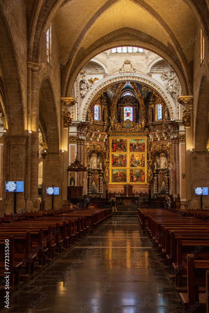 Interior of the Valencia Cathedral. 
Inside the Gothic Cathedral in Valencia, Spain is also known as St Mary's Cathedral, a Roman Catholic church in Plaza de la Reina.
