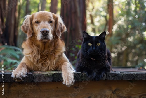 Beyond Furry Feuds: Nestled among towering trees, a suburban haven fosters an unlikely bond. A golden retriever and a sleek black cat, once presumed adversaries, face each other 