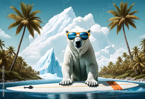 a polar bear with goggles on and a surfboard in the water photo