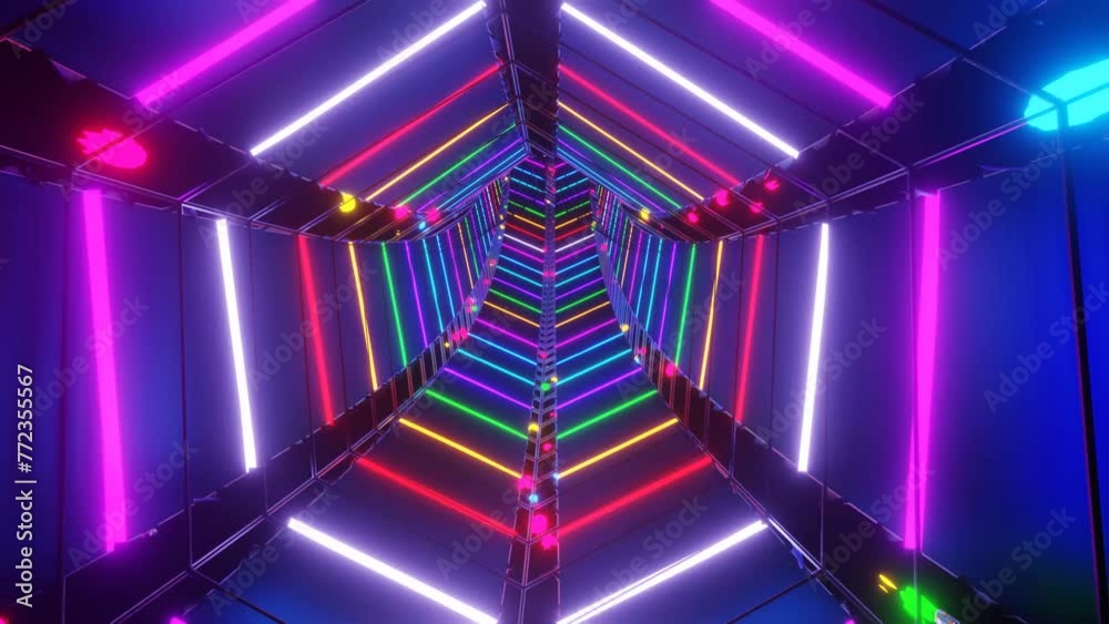 3D illustration of a hexagonal infinite rotating tunnel with blinking colorful neon lights