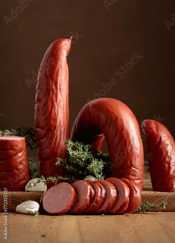 Smoked sausage with thyme and garlic.