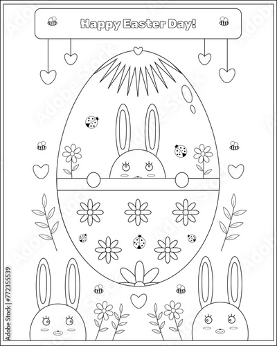 A cartoon rabbit with the words happy easter day coloring book for kids
