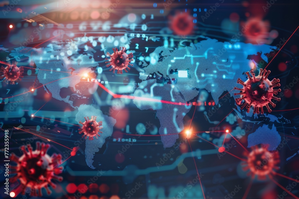 Obraz premium Digital visualization of a global pandemic with virus icons over a networked world map, representing the spread of infectious disease.