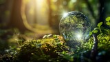 Detailed view of a crystal globe sat on moss in a forest - concept of the environment