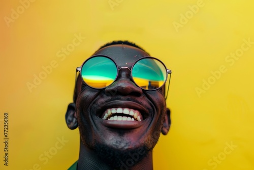 Joyful Man in Stylish Sunglasses Against a Bright Yellow Wall