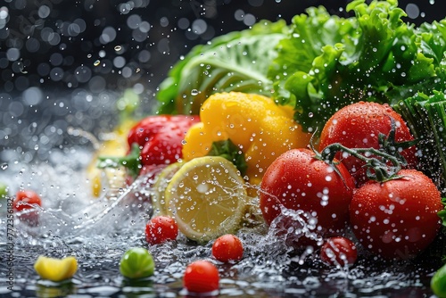 A fresh fruits or vegetables with water droplets creating a splash advertising food photography