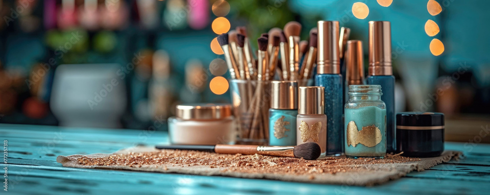 A table with many makeup items on it, including a jar of powder and a brush A table with many makeup items on it, including a jar of powder and a brush